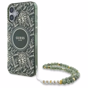 Guess IML Flowers Allover Electro With Pearl Hihna MagSafe Suojakuori iPhone 16:lle - vihreä