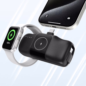 Wozinsky WF16-YCS 5000mAh 15W USB-C Mini Power Bank, jossa on sisäänrakennettu USB-C-kaapeli ja Apple Watch -laturi - musta