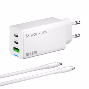 Wozinsky GaN 65W laturi USB-A 2xUSB-C porteilla ja 65W USB-C kaapelilla - Valkoinen