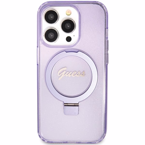 Guess Ring Stand Script Glitter MagSafe Suojakuori iPhone 15 Prolle - violetti