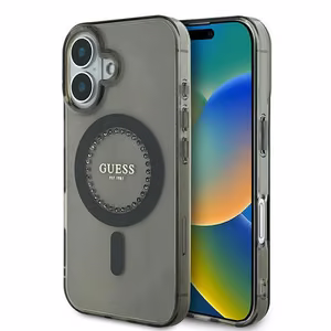 Guess IML Rhinestones MagSafe Suojakuori iPhone 16:lle - musta