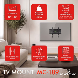 Maclean MC-189 – TV-seinäteline, 13–43-tuuman, VESA 200×200, enintään 45 kg, musta, kallistus +2° to -10°