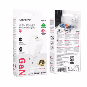 Borofone Wall charger BN29 Fuente - USB + Type C - QC 3.0 PD 30W with Type C to Lightning cable white