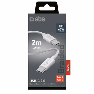 SBS TECABLETISSUETCC2G Kaapeli 2 x USB-C 2m 60W Power Deliveryllä - harmaa