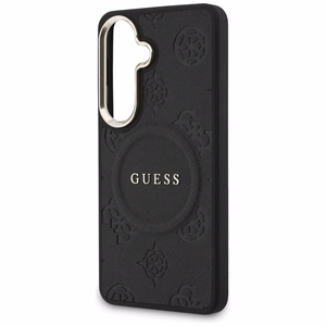 Guess Saffiano Peony Embossed Ring MagSafe -suojakuori Samsung Galaxy S26 Plusille musta