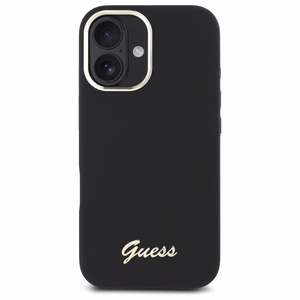 Guess Silicone Script Metal Logo & Frame Case for iPhone 16 - Black
