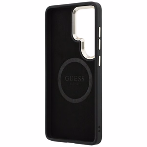 Guess Saffiano Peony Embossed Ring MagSafe -suojakuori Samsung Galaxy S26 Ultralle musta