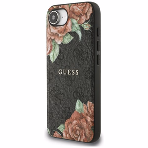 GUESS 4G Flowers Print MagSafe Alkuperäinen Suojakuori iPhone 17e/16e:lle - Musta