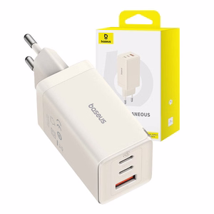 Seinälaturi Baseus GaN5 2x USB-C + USB, 65W + kaapeli 1m (valkoinen)