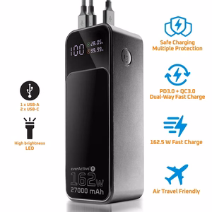 Varavirtalähde 27 000mAh, 1x USB, 2x USB-C, 162,5W, QC4+, taskulamppu, LCD-näyttö, musta
