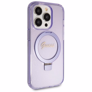 Guess Ring Stand Script Glitter MagSafe suojakuori iPhone 14 Prolle - violetti