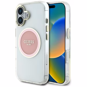 Guess IML Metal Colored Circle Classic Logo MagSafe Suojakuori iPhone 16:lle - vaaleanpunainen