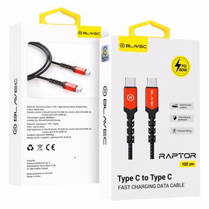 Blavec Raptor punottu Kaapeli - Type C - Type C - PD 60W 3A 1 metri Apple CarPlay/Android Auto (CRA-CC3BR10) musta-punainen