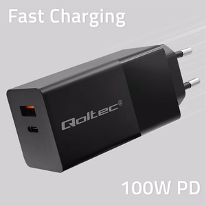 Qoltec 52382 GaN Power Pro Laturi 100W 1x USB-C 1x USB-A PD Musta