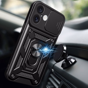 Hybrid Armor Camshield Panssaroitu Suojakuori iPhone 16 Plus:lle kameransuojalla ja jalustalla - Musta