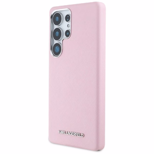 Karl Lagerfeld Saffiano Full Wrapped Elongated Metal Logo MagSafe Suojakuori Samsung Galaxy S25 Ultralle - vaaleanpunainen