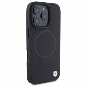 BMW Sign Nahkainen Half Textured And Circle MagSafe Suojakuori iPhone 16 Pro Max:lle - Musta