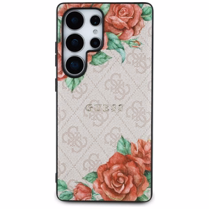 Guess Nahkainen 4G Flowers Print Metal Classic Logo MagSafe Suojakuori Samsung Galaxy S25 Ultralle - vaaleanpunainen