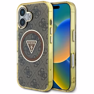 GUESS Suojakuori iPhone 16:lle MagSafe-yhteensopiva GUHMP16SHG4PRTGW (IML Metal Glitter 4G Circle Triangle) Ruskea