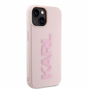 Karl Lagerfeld 3D Rubber Glitter Logo Suojakuori iPhone 15 Plus:lle - vaaleanpunainen