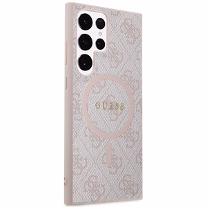 Guess 4G Collection Nahkainen Metal Logo MagSafe Suojakuori Samsung Galaxy S24 Ultralle - vaaleanpunainen