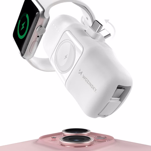 Wozinsky WF16-YCS 5000mAh 15W USB-C Mini Power Bank, jossa on sisäänrakennettu USB-C-kaapeli ja Apple Watch -laturi - Valkoinen