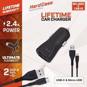 Energizer HardCase DC2BLCMM autolaturi, 2 × USB-A, 2,4 A, USB-C- ja Micro-USB-kaapelilla, musta