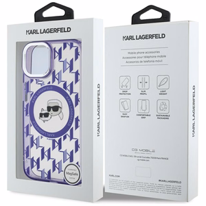 Karl Lagerfeld IML Monogram Karl & Choupette Head MagSafe Suojakuori iPhone 15:lle - Violetti