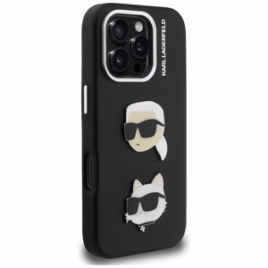 Karl Lagerfeld FW Grained Karl & Choupette Heads Pins -suojakuori mallille iPhone 16 Pro Max – musta
