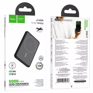 Varavirtalähde Hoco 5000 mAh QC PD 2A 20W erittäin ohut J140A musta, MagSafe-yhteensopiva