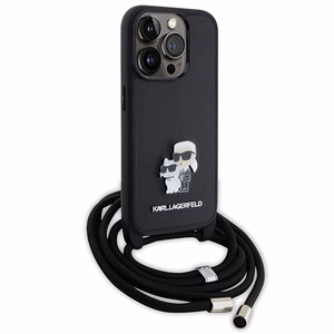 Karl Lagerfeld Crossbody Saffiano Metal Pin Karl & Choupette Suojakuori iPhone 15 Pro:lle - musta