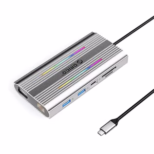 Orico XCR 12-in-1 RGB USB-C-telakointiasema 3x USB-A USB-C PD 100W HDMI 4K VGA RJ45 Gigabit SD- ja microSD-kortinlukija - hopea