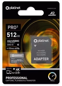 Muistikortti Platinet MicroSD 512GB (class10 UHS-III 90MB/s) + SD-adapteri