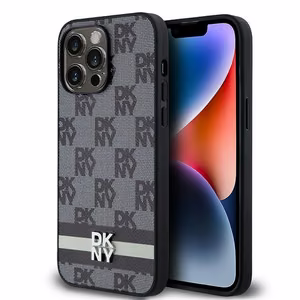 DKNY Nahkainen Checkered Mono Pattern & Printed Stripes Suojakuori iPhone 14 Pro Max:lle - musta