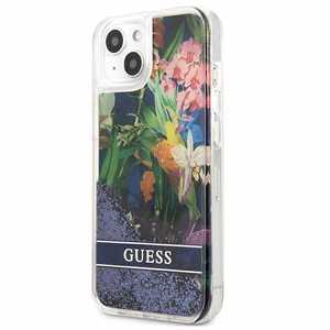 Guess GUHCP13SLFLSB iPhone 13 mini 5.4" sininen/sininen kovakotelo Kukka Nestemäinen glitteri