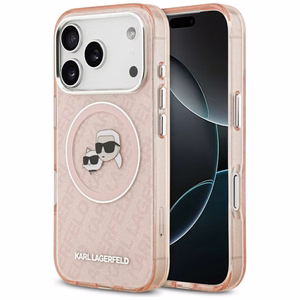 Karl Lagerfeld IML Glitter Karl & Choupette Heads Logo MagSafe Suojakuori iPhone 17 Pro:lle - Vaaleanpunainen