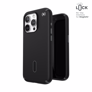 Speck Presidio2 Pro ClickLock MagSafe-suojakuori iPhone 15 Pro -puhelimelle, musta/liuskeenharmaa