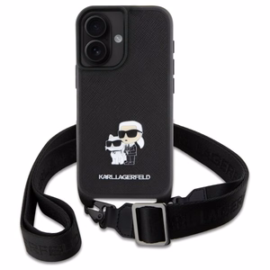 Karl Lagerfeld Saffiano Karl&Choupette Metal Pin CBDY hihna suojakuori iPhone 16:lle - musta