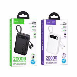 Hoco J171A -varavirtalähde 20000 mAh QC PD 2A 22,5W sisäänrakennetuilla kaapeleilla USB-C + Lightning, musta