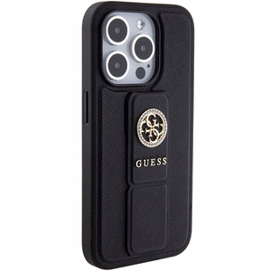 Guess Grip Stand 4G Saffiano Strass Suojakuori iPhone 15 Pro Maxille - musta