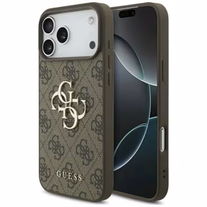 Guess PU 4G Metal Logo -kuori Apple iPhone 18 Pro -puhelimelle, ruskea