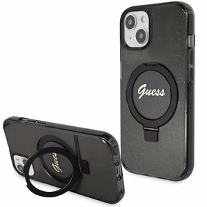 Guess Ring Stand Script Glitter MagSafe -suojakuori iPhone 13 / 14 / 15:lle - musta