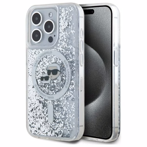 Karl Lagerfeld Liquid Glitter Karl ja Choupette Head MagSafe iPhone 15 Pro Suojakuori - Kirkas