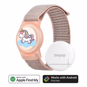 Beeep OneTag -paikannin lasten Velcro-rannekkeella, Unicorn, Apple Find My / Android