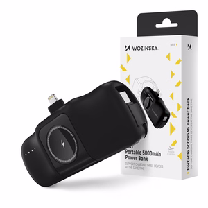 Wozinsky WF16-YLS 5000mAh 15W Lightning Mini Power Bank, jossa on sisäänrakennettu USB-C-kaapeli ja Apple Watch -laturi - musta