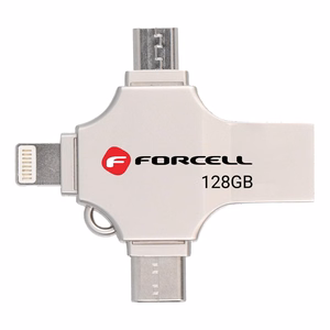 Pendrive 128GB USB 3.2 Gen 1 (USB A / USB C / Lightning / Micro USB) Forcell F-Data Metal Quad hopeinen