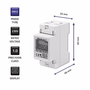 Qoltec 50899 – yksivaiheinen sähköinen energiamittari, 230 V, LCD, 2P, DIN-kisko