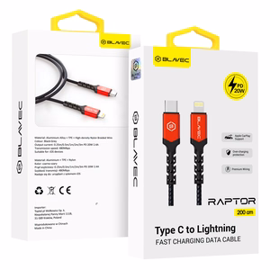 Blavec Raptor punottu kaapeli - Type-C - Lightning - PD 20W 2,4A 2 m Apple CarPlay (CRA-CL24BR20) musta ja punainen