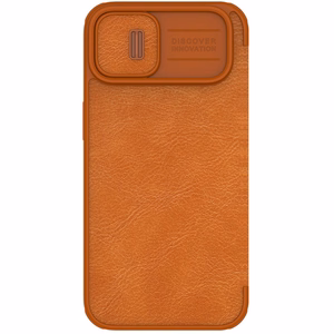 Nillkin Qin Nahka Pro Case iPhone 14 Plus kamera kansi Holster kansi Flip Case ruskea