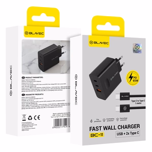 Blavec seinälaturi BC-11 GaN - USB + 2xType C - QC PD 65W 3A ja Type C - Type C -kaapeli (TCBC11G-U2CB653A) musta